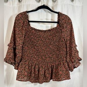 Square Neck Floral Smocked 3/4 Sleeve Peplum Blouse